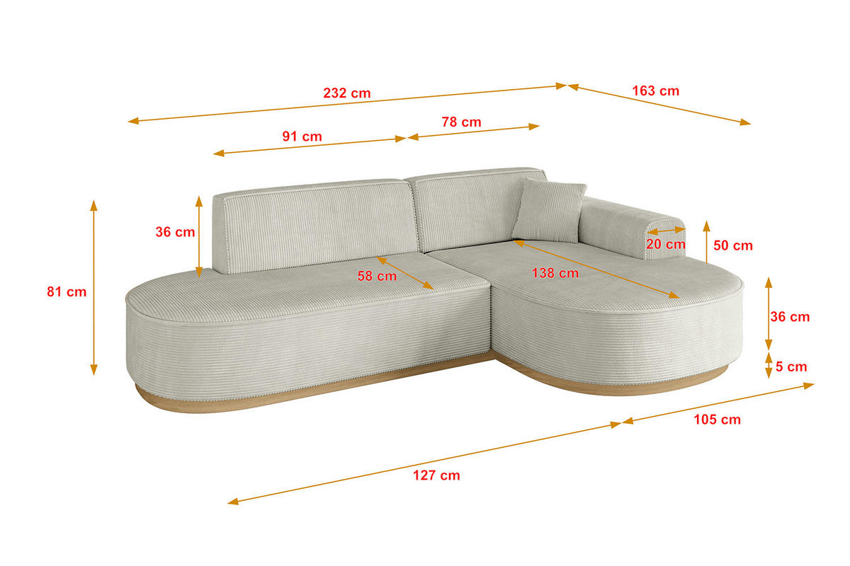 ECKSOFA Ottomane Rechts MARI-L1-v2 - 243x171x83 cm Hellgrau Cord - Hellgrau, Holzwerkstoff/Textil (171/243cm) - ALTDECOR