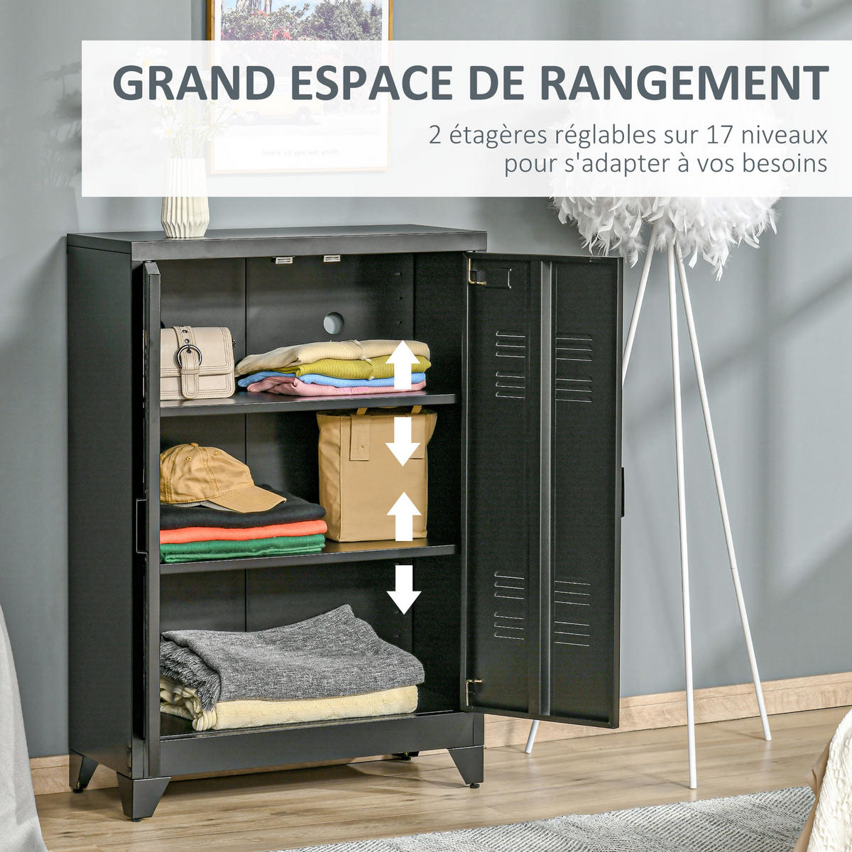 AKTENSCHRANK DE-14423 Industriestil mit 2 verstellbaren Böden Schwarz - Schwarz, Metall (33/110/75cm) - ComfortXL