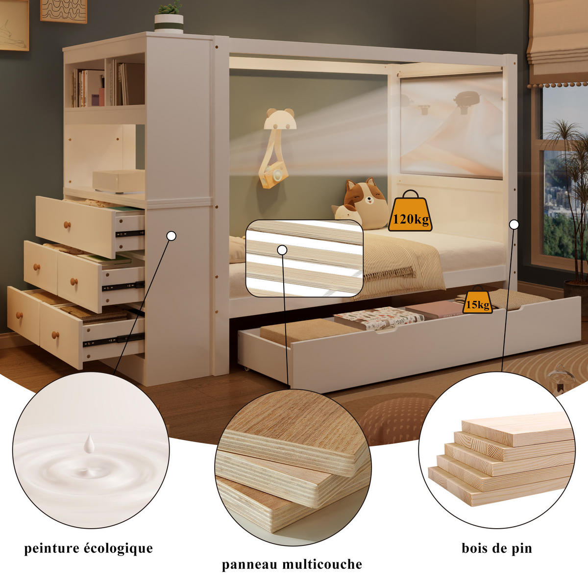 EINZELBETT 90/200 cm Weiß aus Kiefernholz und MDF mit Stauraum - Weiß, Holz (90/200cm) - OKMYHOME