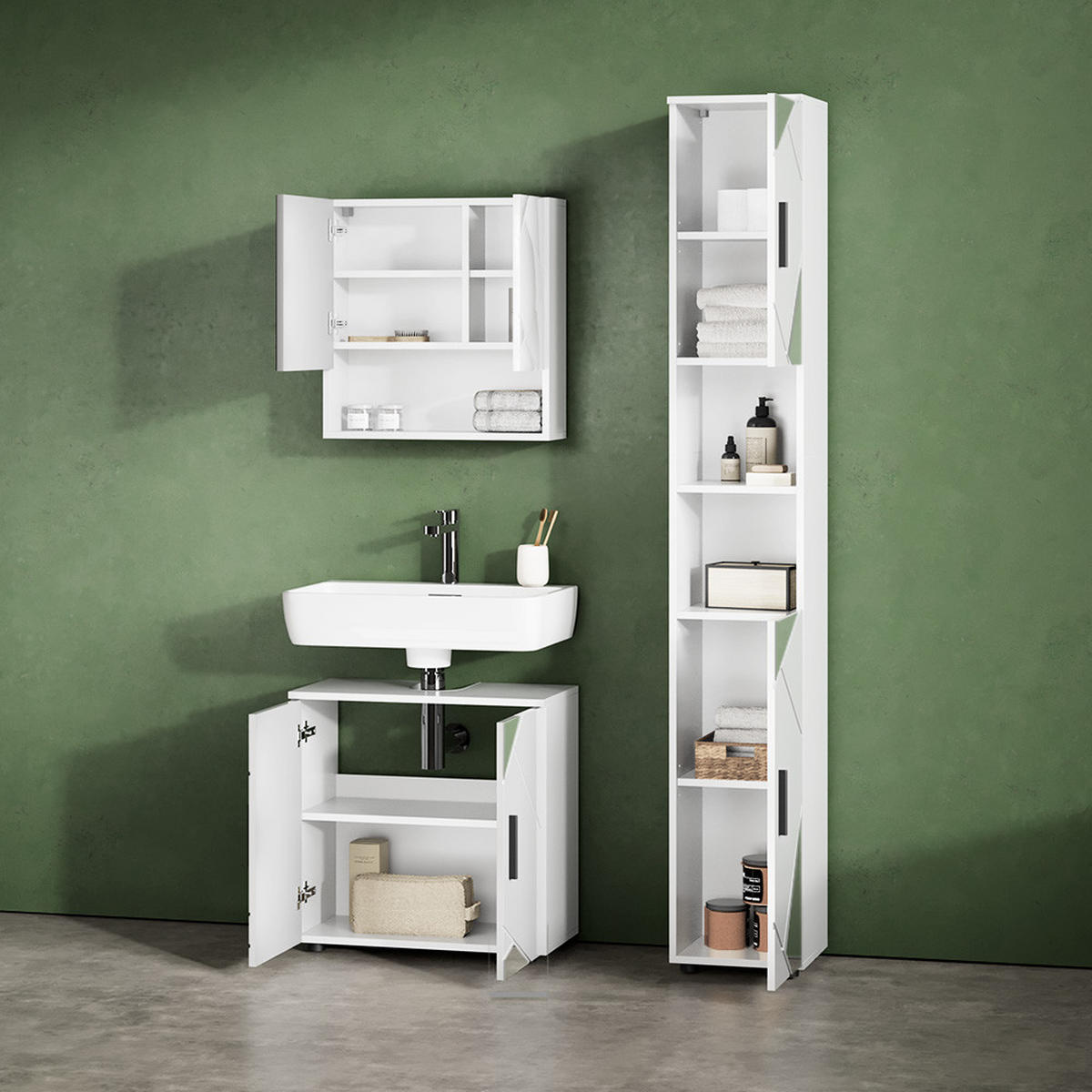 BADSCHRANK Ronco Weiß Hochglanz mit Einsätzen 30 x 192 cm - Weiß Hochglanz/Grau, Holzwerkstoff (30/192/30cm) - Livinity®