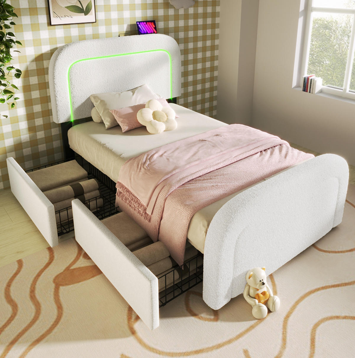 POLSTERBETT 90/200 cm mit LED-Beleuchtung, USB-C und 2 Schubladen in Weiß - Weiß, Textil (90/200cm) - BEAOK