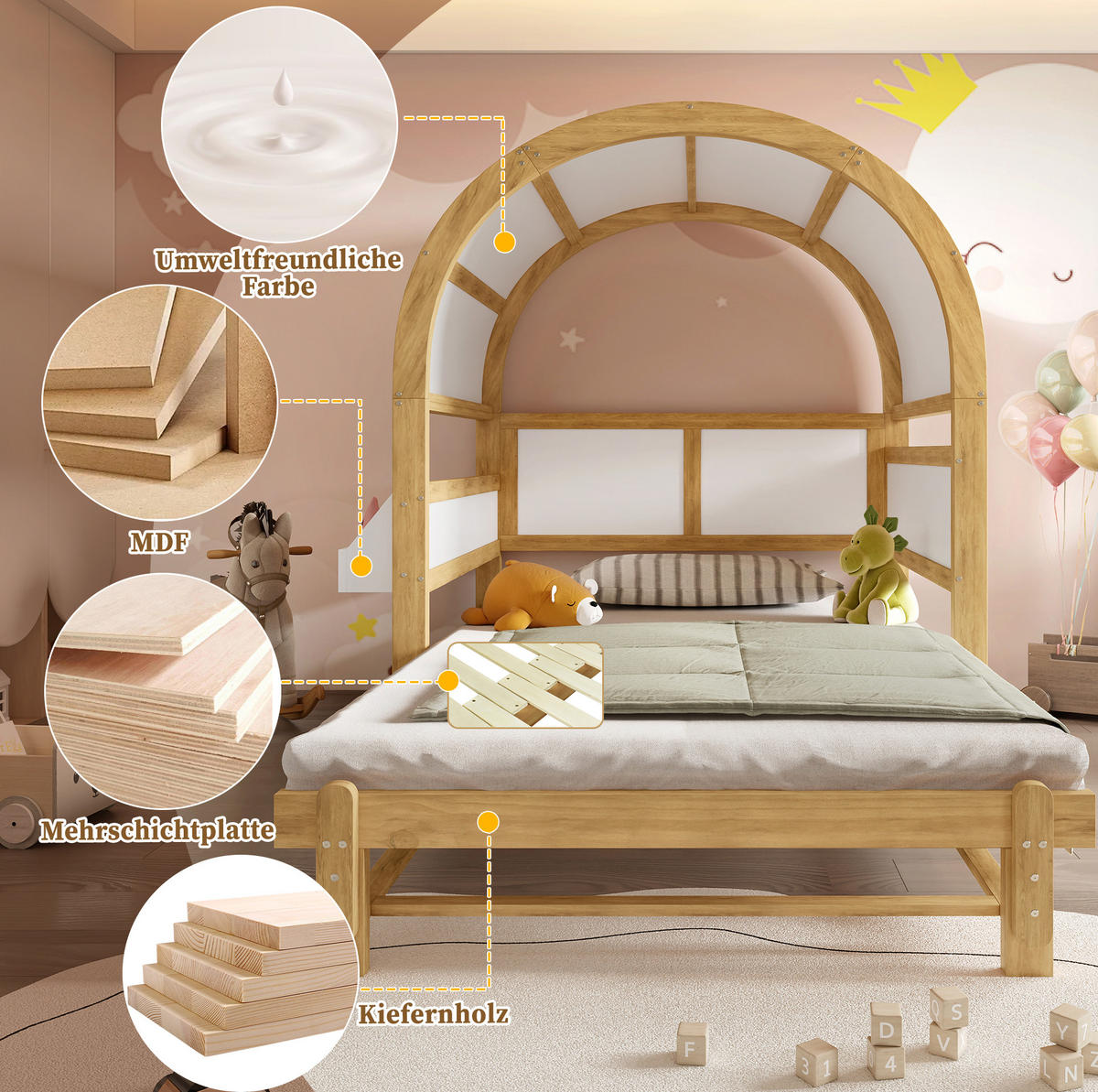 HAUSBETT aus Kiefer und MDF 140x200 cm Weiß/Natur mit Ausziehbett, Ablagefläche und gewölbtem Dach - Weiß, Holzwerkstoff (140/200cm) - Modfu