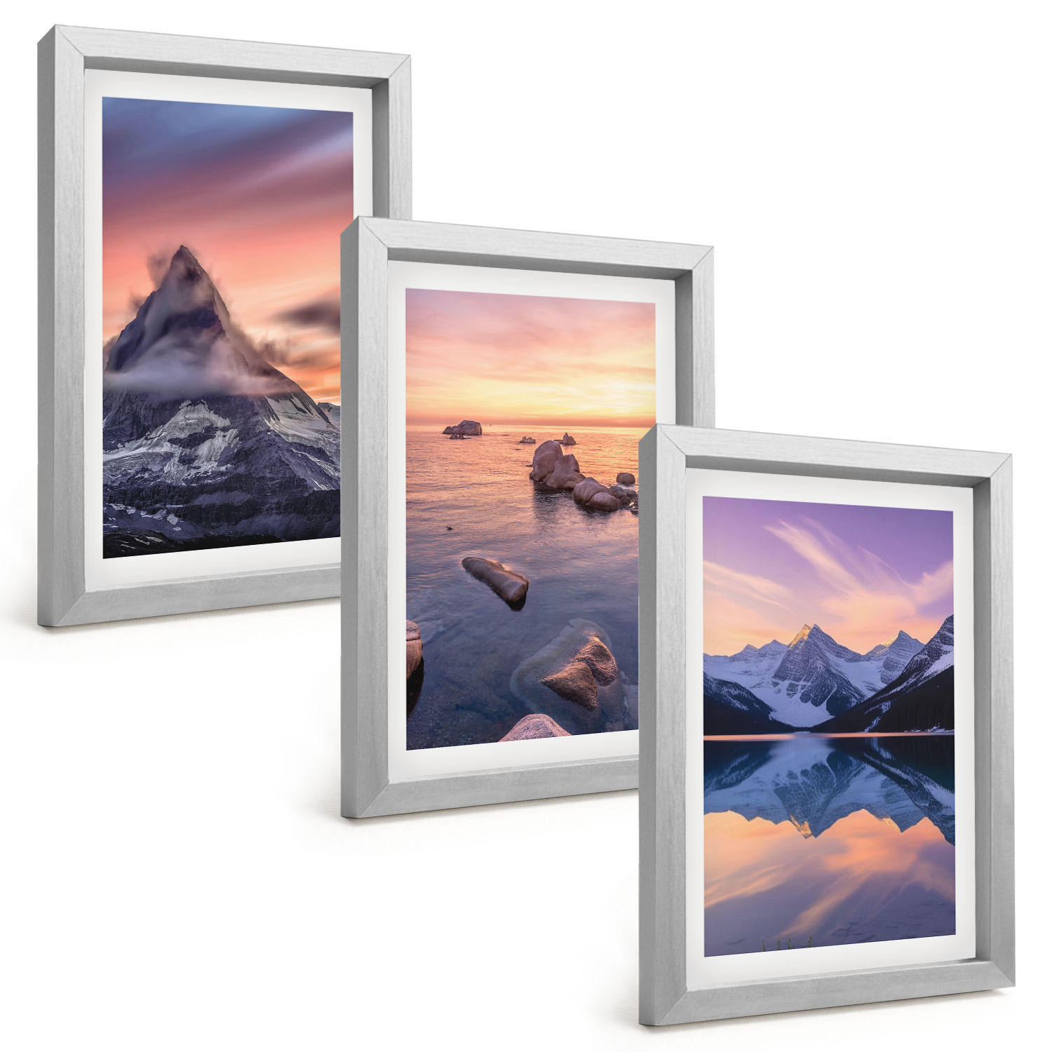 BILDER SET 3er Set - 20x30 cm Silberner Rahmen - Berglandschaft, See, Westen - Silberfarben, Kunststoff (20/30cm) - TULUP