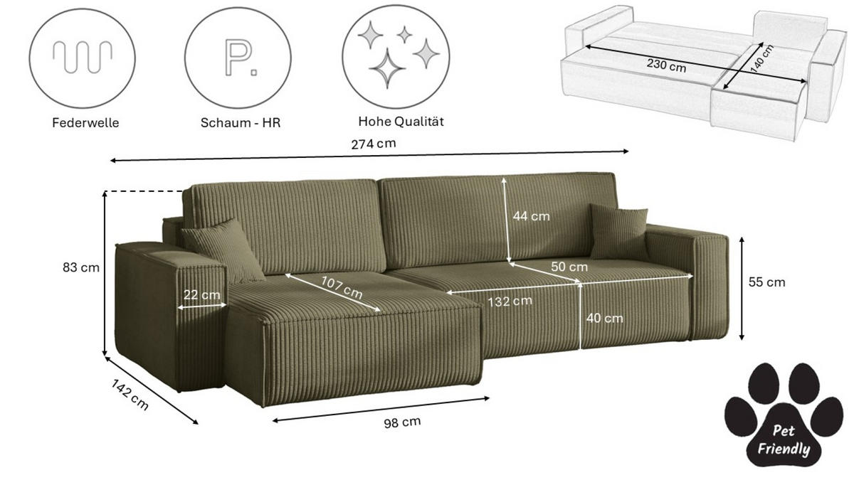 ECKSOFA Mit Schlaffunktion Und Bettkasten, Eckcouch BEST XL Stoff Poso Dicker Cord Olive Links - Schwarz/Olivgrün, Holz/Kunststoff (142/274cm) - Kaiser Möbel