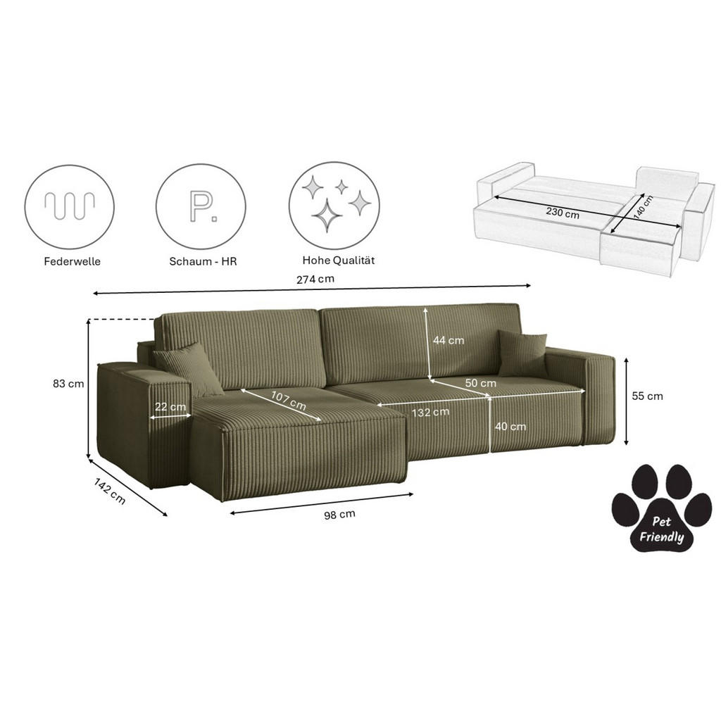 Thumbnail - Kaiser Möbel Ecksofa, Olivgrün, Holz, 5-Sitzer, L-Form, 274x142 cm, Wohnzimmer, Sofas & Couches, Wohnlandschaften, Eckso...