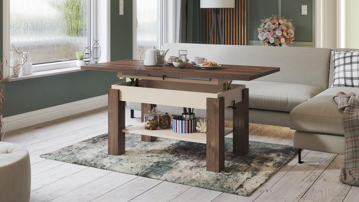 COUCHTISCH rechteckig Eiche dunkel - Beige ausziehbar höhenverstellbar - Beige/Braun, Holzwerkstoff (68/110/59cm) - designimpex