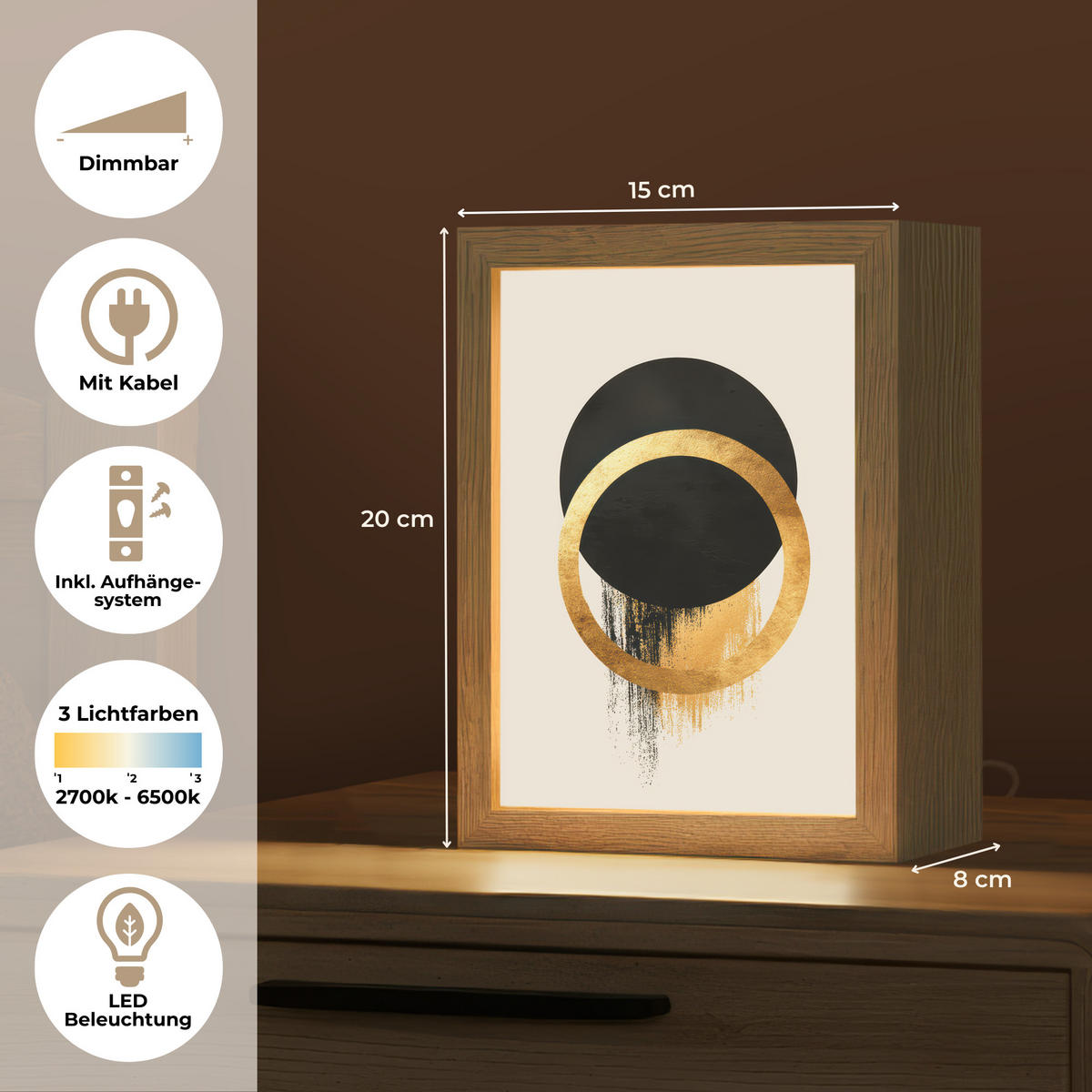 STOLNÍ LAMPA Abstraktní design - Černý kruh - Skvrny od barvy 15x20 cm - jantarová, kompozitní dřevo (8/15/20cm) - OnlyWow