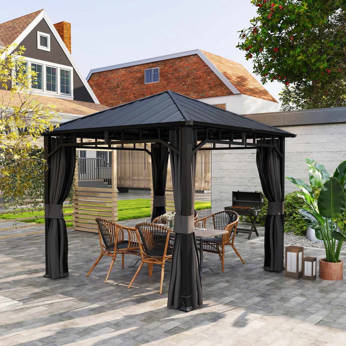 PAVILLON mit Seitenteile Wasserdicht Dunkelgrau 3 x 3 m - Dunkelgrau/Schwarz, Textil/Metall (300/290/300cm) - Outsunny