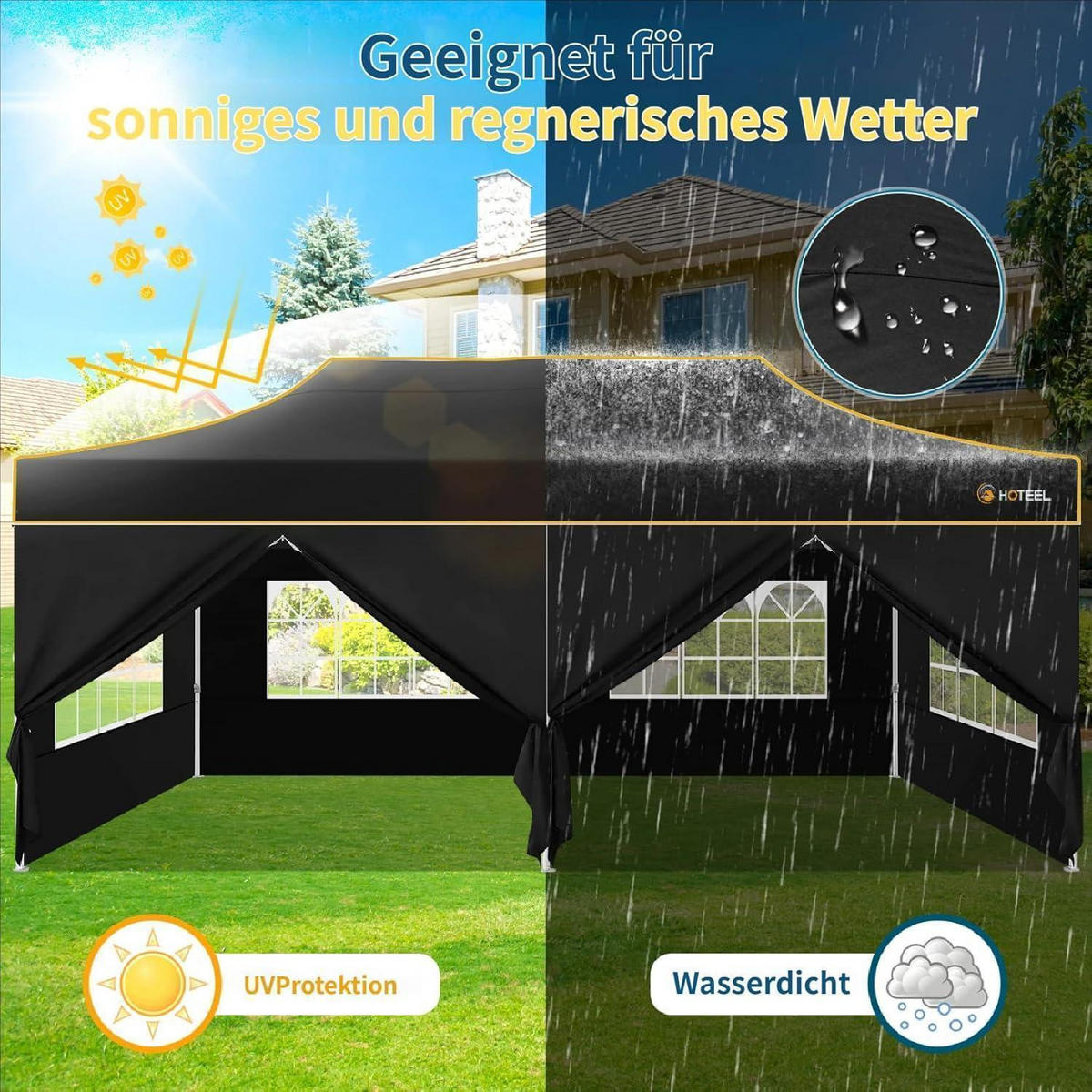 FALTPAVILLON 3x6m Schwarz Wasserdicht Stabil Winterfest Sechskant-Gestell 6 Seitenteile - Schwarz, Textil (300/320/600cm)