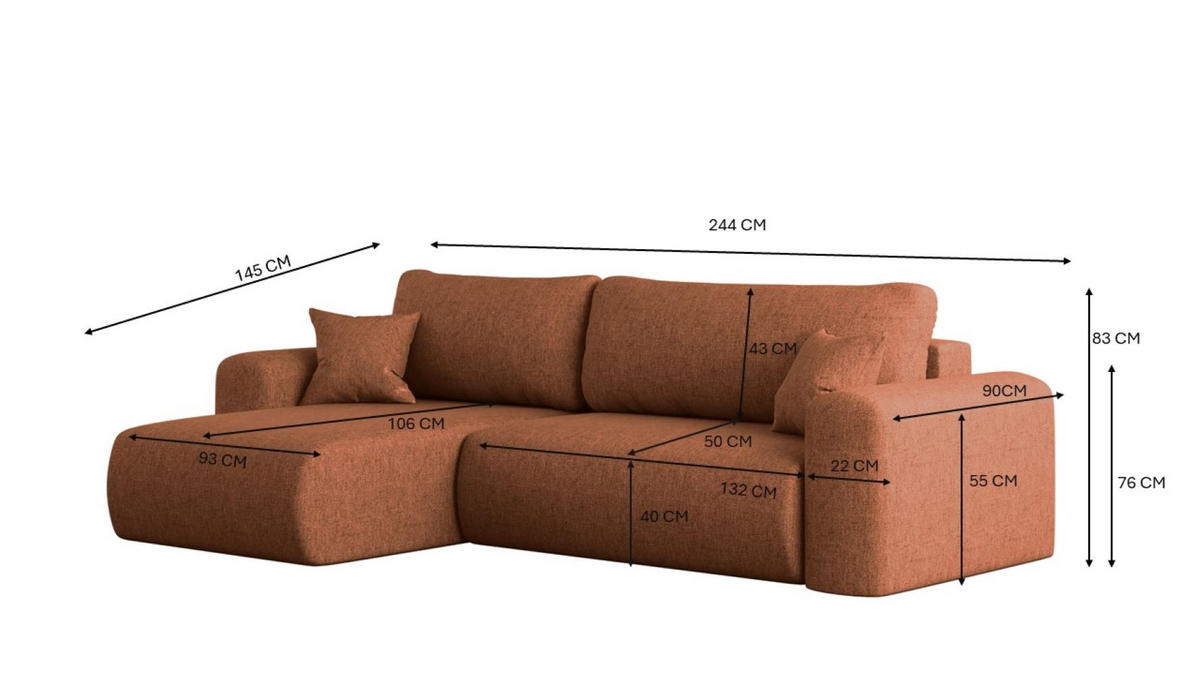 ECKSOFA Mit Schlaffunktion Und Bettkasten L-förmiges Sofa Capri Stoff Verita Rechts Kupfer - Kupferfarben, Holz (272/145cm) - Kaiser Möbel