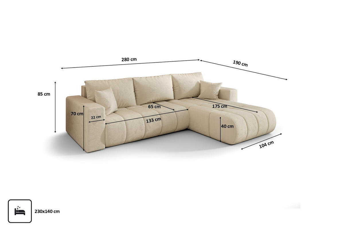 ECKSOFA mit schlaffunktion und bettkasten MILO PREMIUM, stoff MONOLITH, Ecru, Rechts - Ecru, Holz (280/190cm) - Kaiser Möbel