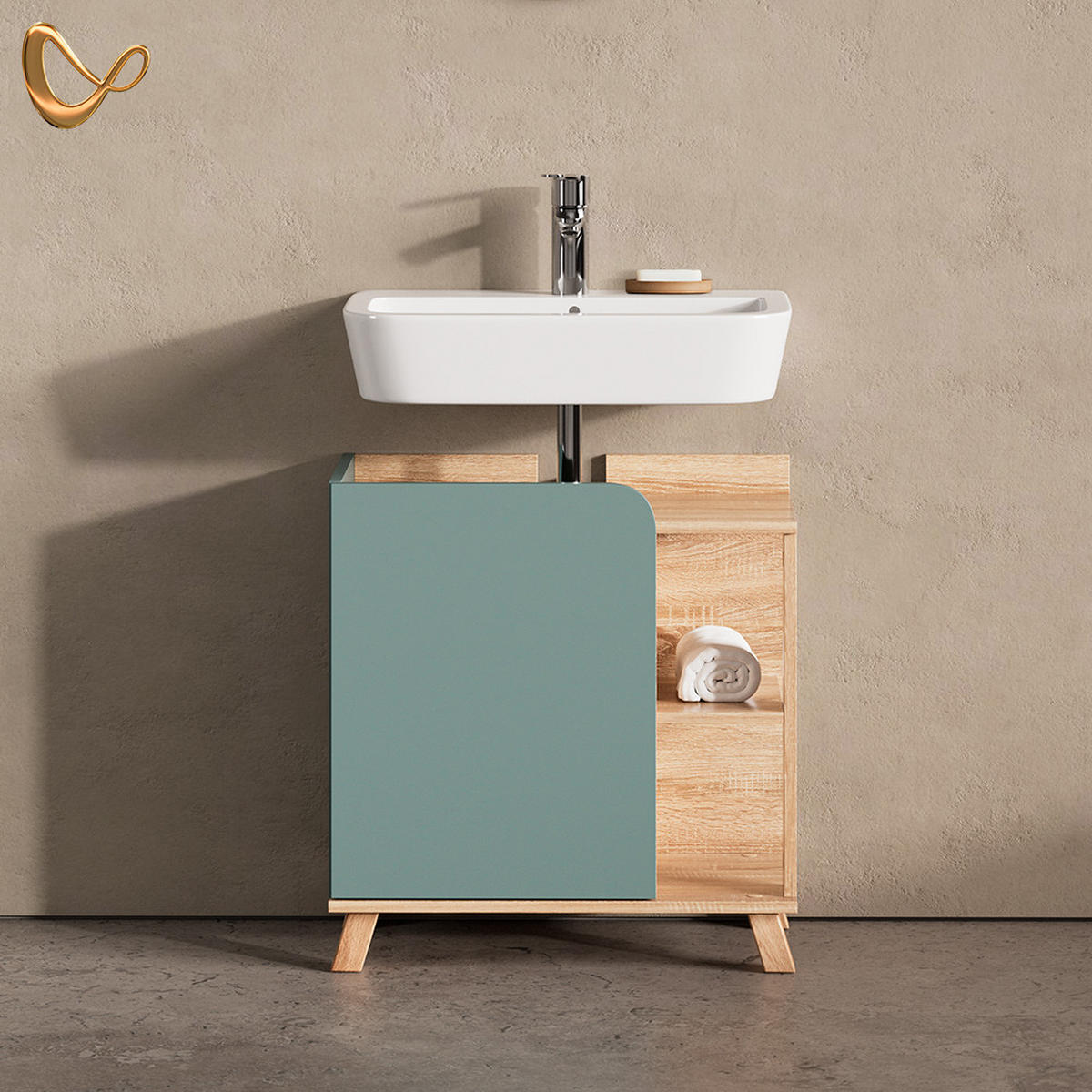 WASCHBECKENUNTERSCHRANK Marano Blau-Grau 60 x 65 cm mit Tür und offenen Fächern - Blaugrau/Sonoma Eiche, Holzwerkstoff (60/65/35cm) - Livinity®