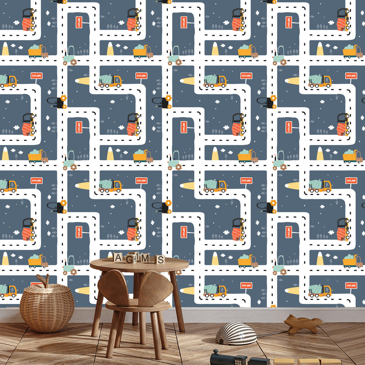 VLIESTAPETE Straßen und Fahrzeuge – Blau, Grau, Gelb – 50x1000 cm - Blau/Gelb, Papier (50/1000cm) - Muralo