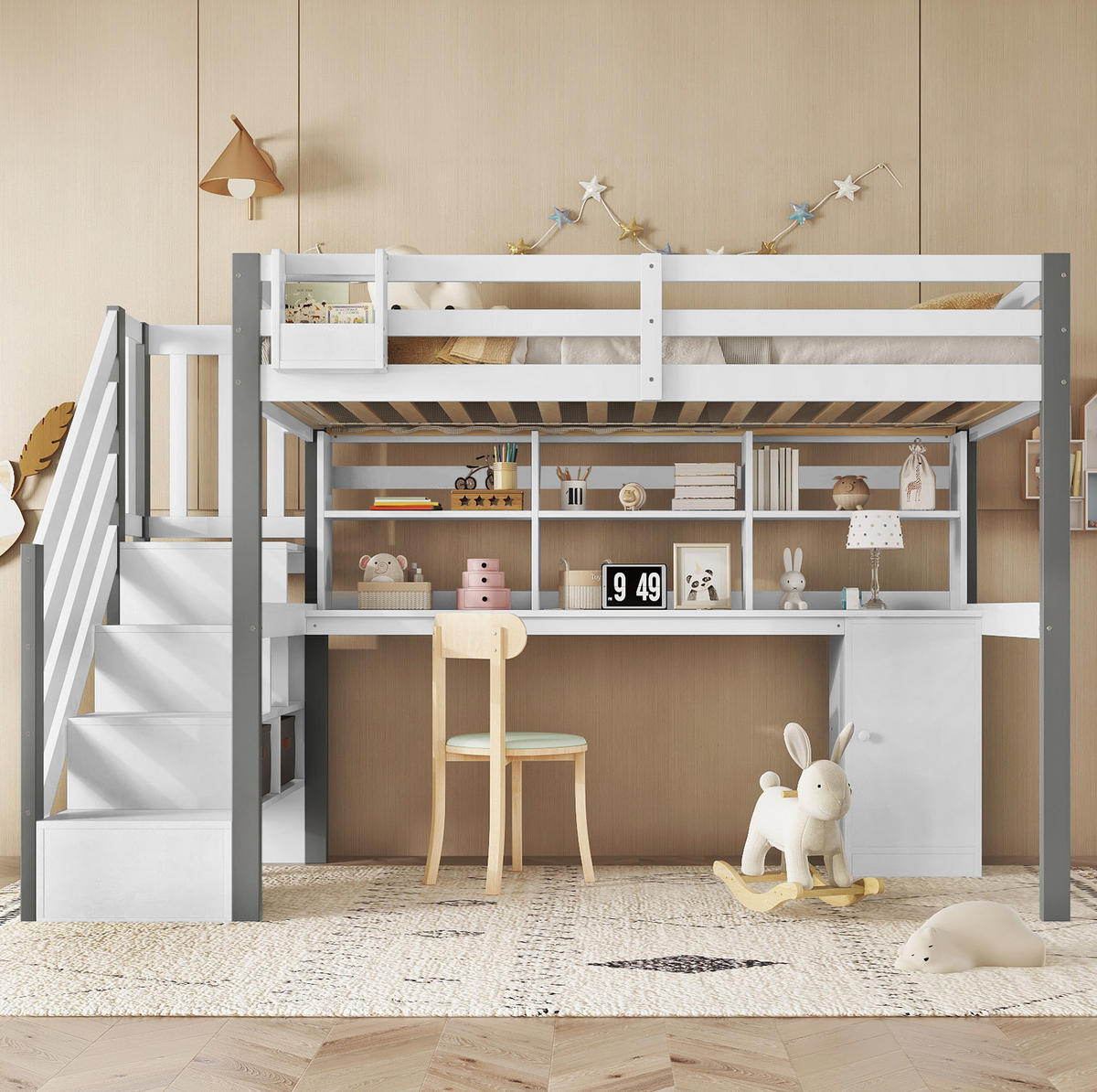 HOCHBETT Kinderbett 90/200 cm aus Kiefer/MDF mit Schreibtisch und Stauraumtreppe Weiß/Grau - Weiß, Holz (90/200cm) - Modenvie