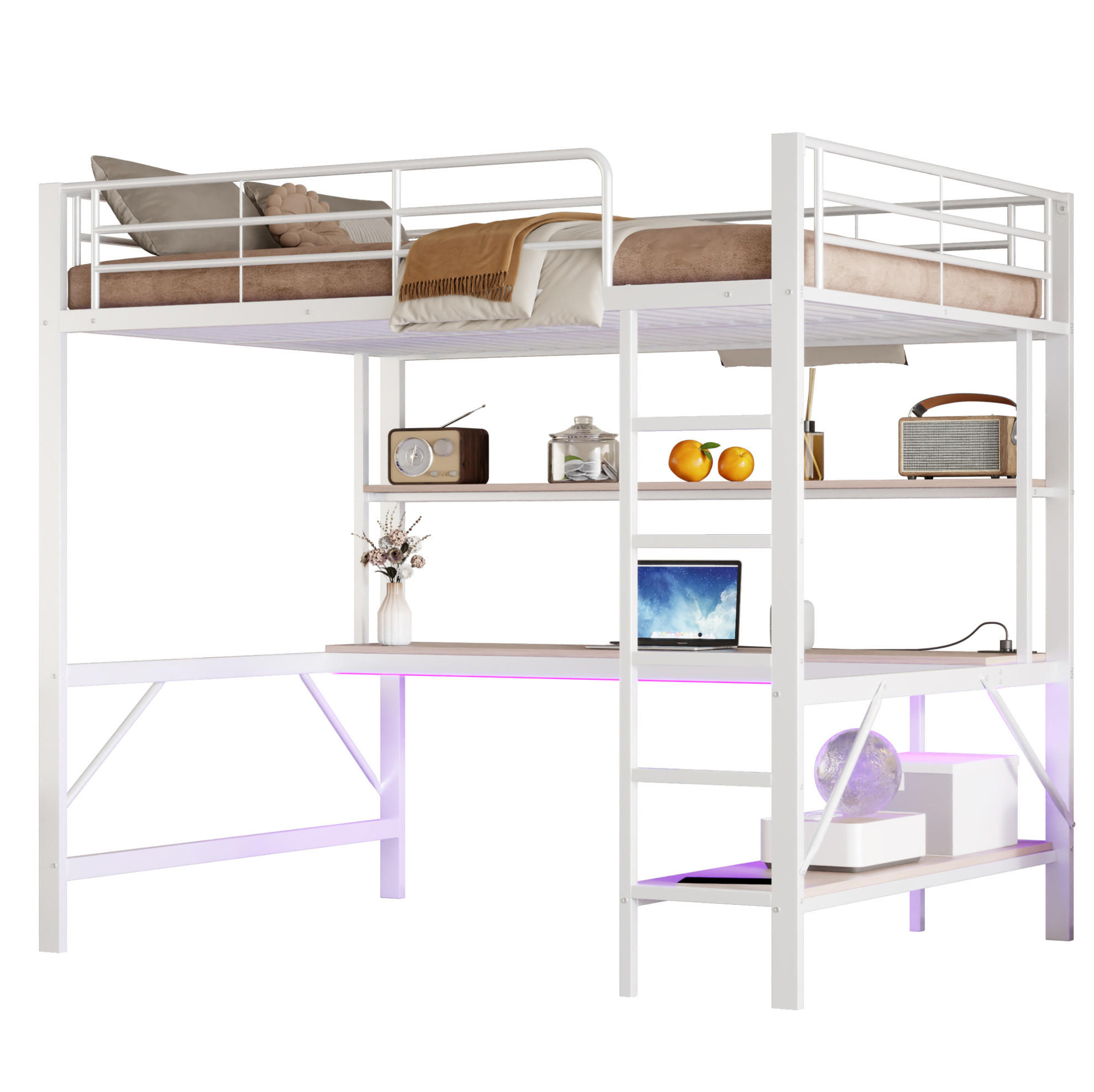 HOCHBETT 140/200 cm mit Geländer mit USB-Anschluss und LED-Beleuchtung Weiß mit Matratze - Weiß, Metall (140/200cm) - OKWISH