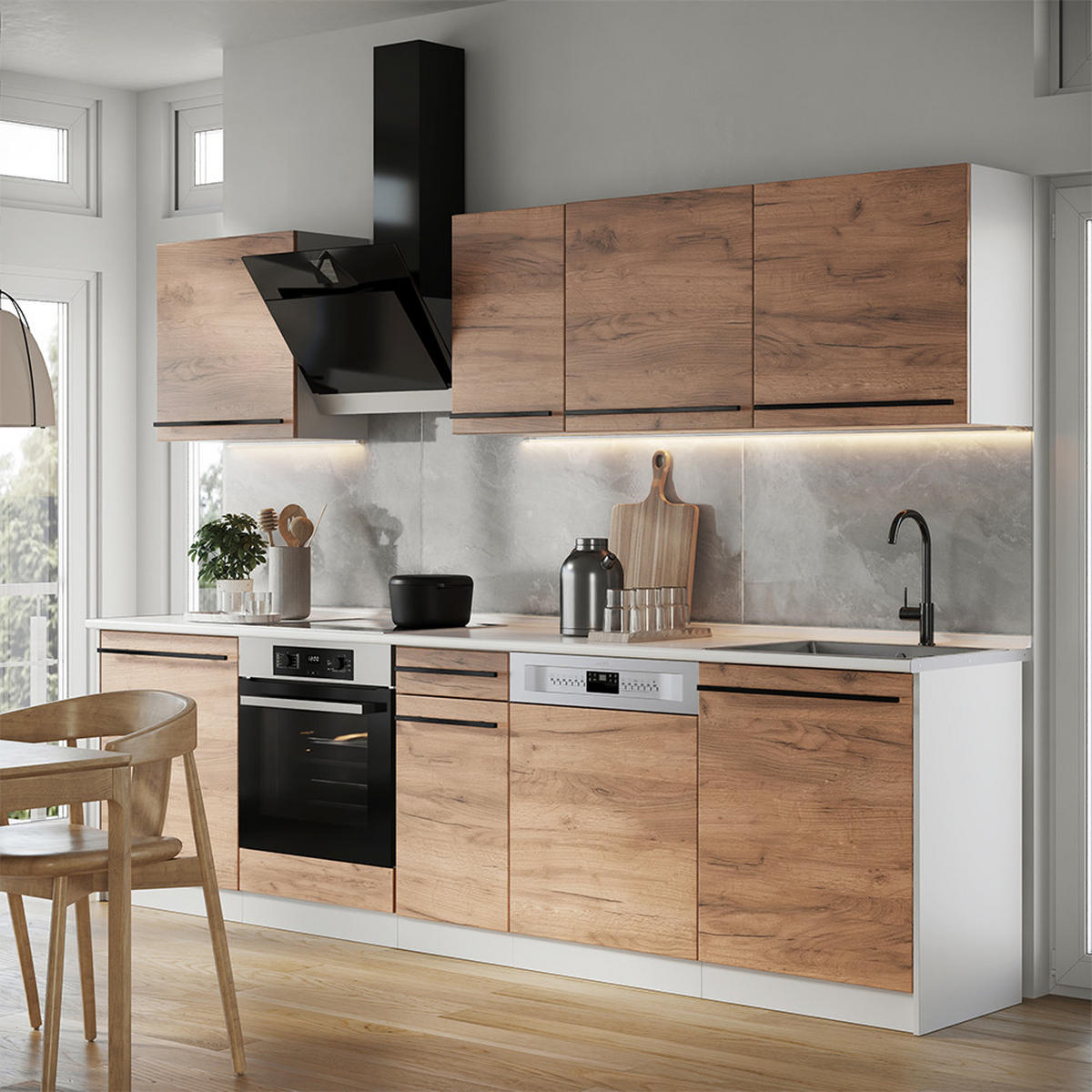 KÜCHENZEILE R-Line, Goldkraft Eiche/Weiß, 280 cm ohne Arbeitsplatte - Honigeiche/Weiß, Holzwerkstoff (280/206.8/46cm) - Vicco