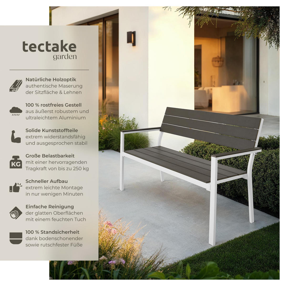 GARTENBANK Line,128 x 59 x 88 cm,hellgrau/weiß - Hellgrau/Weiß, Metall (59/88/128cm) - tectake