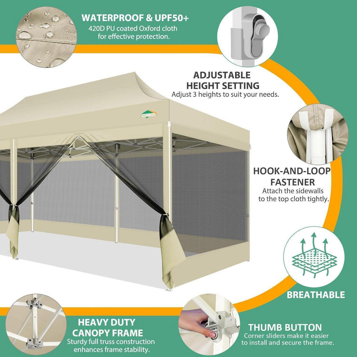 FALTPAVILLON 3x6m Wasserdicht mit Mesh-Seitenwänden Khaki - Olivgrün, Textil (300/335/600cm)
