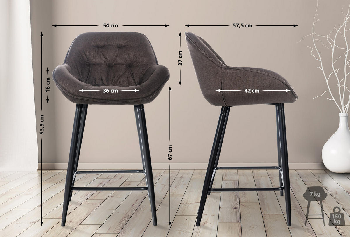 BARHOCKER 2er Set Gibal Stoff braun - Schwarz/Braun, Textil/Metall (54/93.5/57.5cm) - TPFLiving