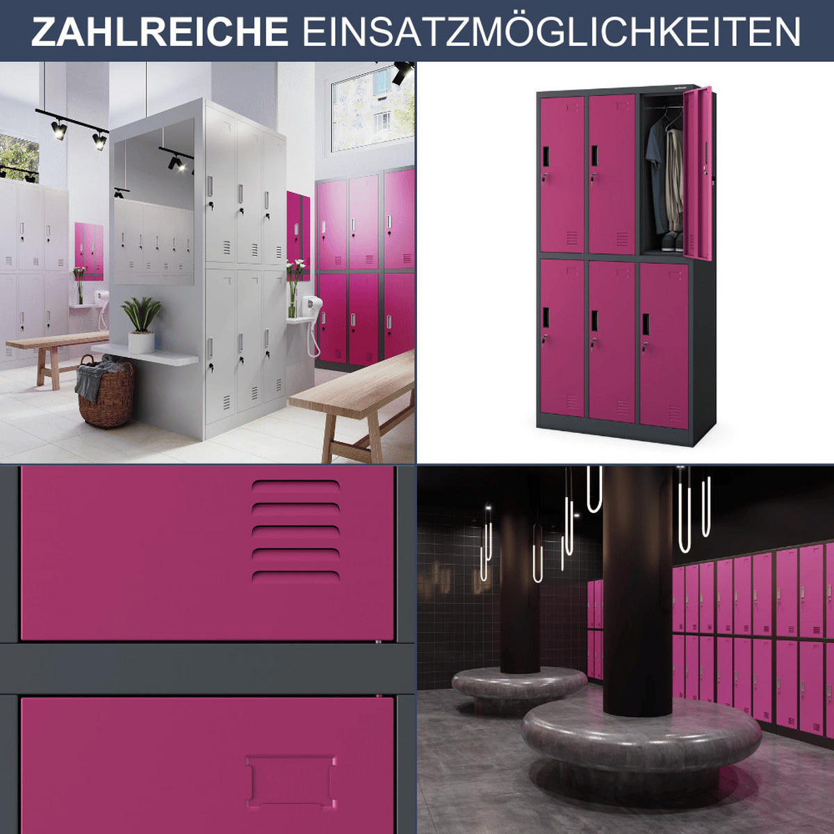 UMKLEIDESCHRANK Spind TOKIO 6 Abteile 185x90x45cm Anthrazit-Lila - Anthrazit, Metall (90/185/45cm) - DELUKE