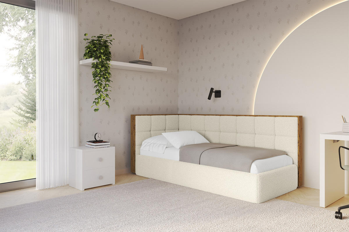 EINZELLBETT Jugendbett mit Bettkasten, Rechts - SOVY 100x200 Beige - Perlmutt, Holzwerkstoff/Textil (100/200cm) - ALTDECOR