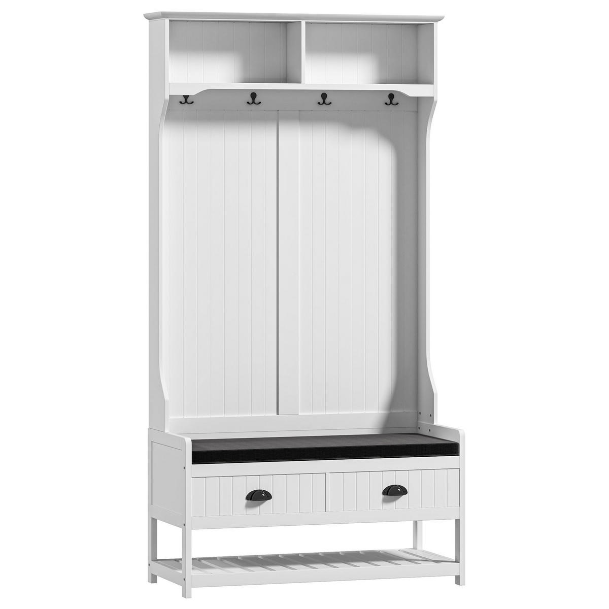 2-IN-1 Garderobenständer, Kleiderständer mit 4 Haken, Garderobe mit Schuhbank - Weiß/Grau, Holzwerkstoff/Textil (42/172/89cm) - HOMCOM