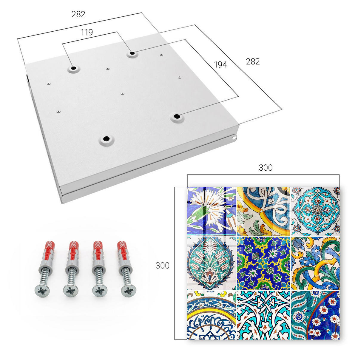 SCHLÜSSELBOX Weiß 30x30 cm – Türöffnung nach rechts - Bunte Muster - Blau, Metall (30/30/5cm) - TULUP