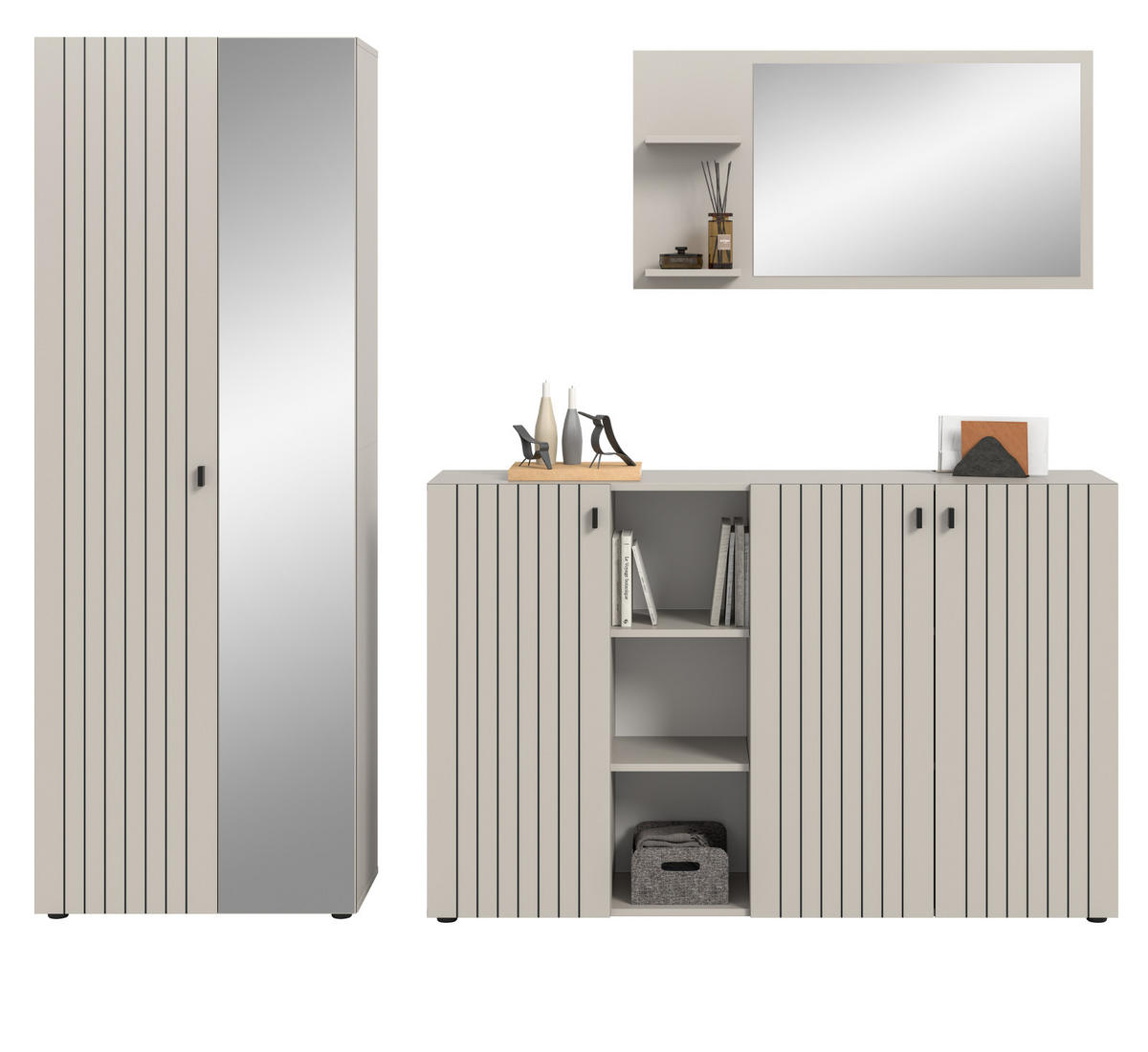 GARDEROBEN-SET 3-teilig Kaschmir 235 cm, Garderobenschränke mit 15 Fächern - Kaschmir/Schwarz, Glas/Holzwerkstoff (235/192/37cm) - Inn.Furn