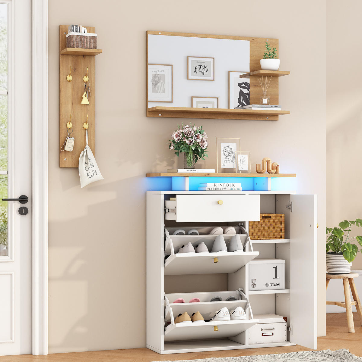 GARDEROBENSET 105/25/151,5 cm mit LED-Beleuchtung, Spiegel, Schuhschrank und 4 Haken aus Spanplatte, Weiß - Weiß, Holzwerkstoff (105/151.5/25cm) - Redom