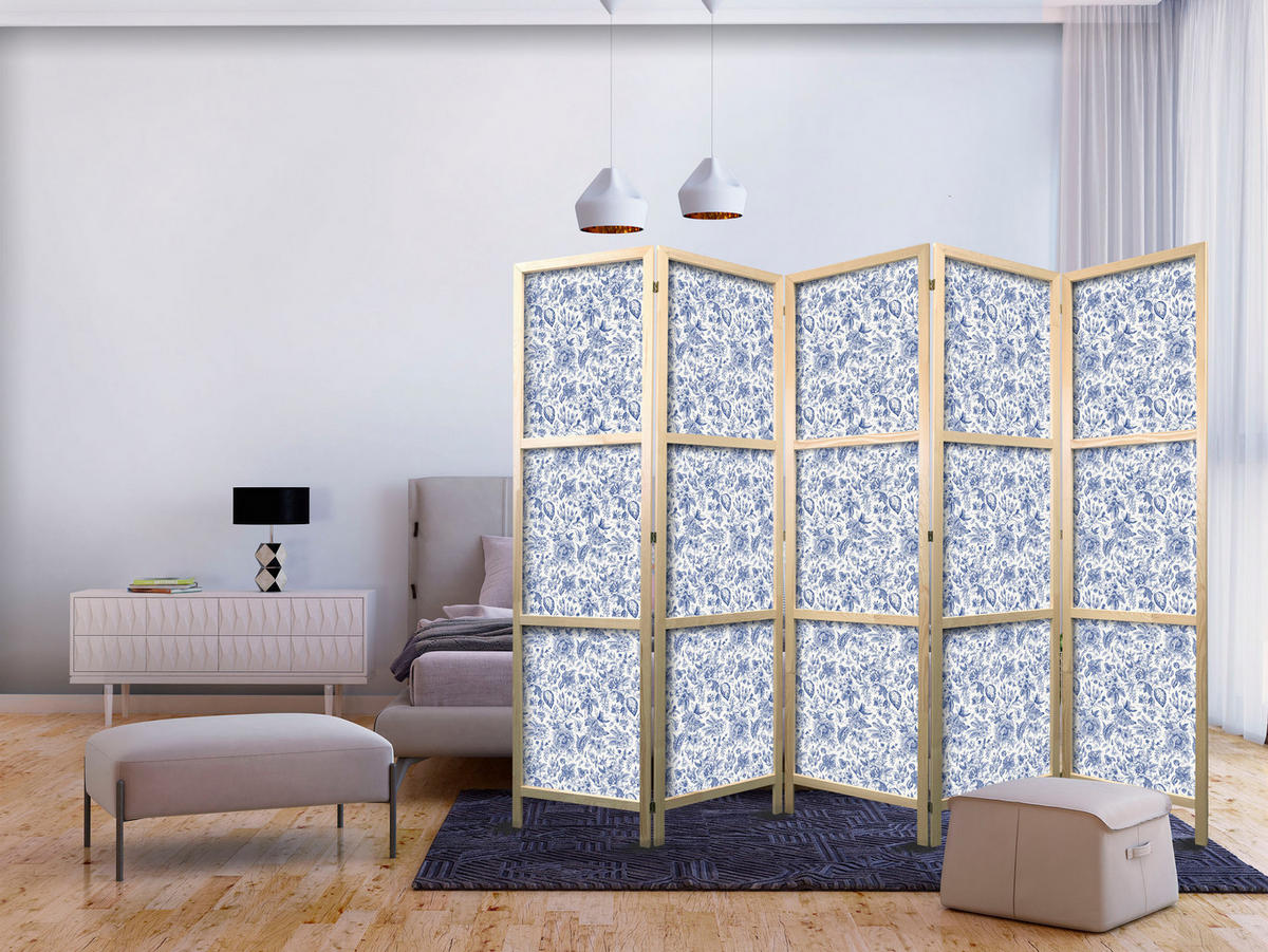 PARAVENT Japanischer 5-tlg 225x172 cm Blaue Blumen - Blau, Holz/Textil (225/172/3cm) - Muralo