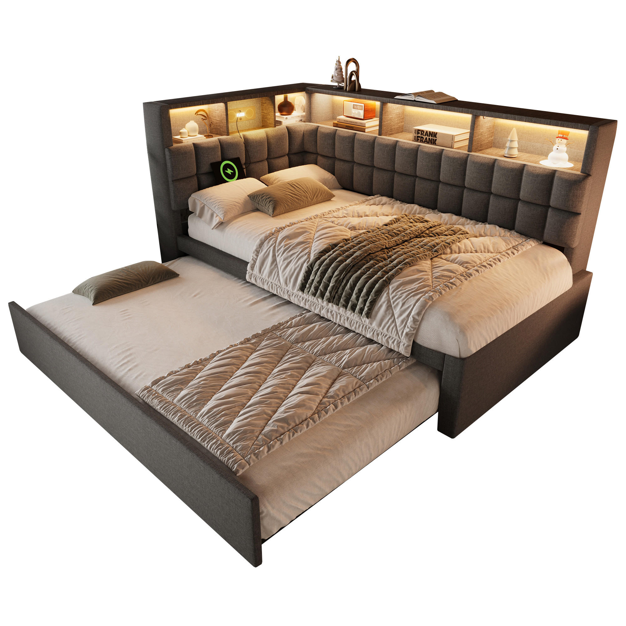 AUSZIEHBETT 90/200 cm DE-00770, in Grau, LED und L-Kopfteil - Grau, Holz (90/200cm) - ComfortXL