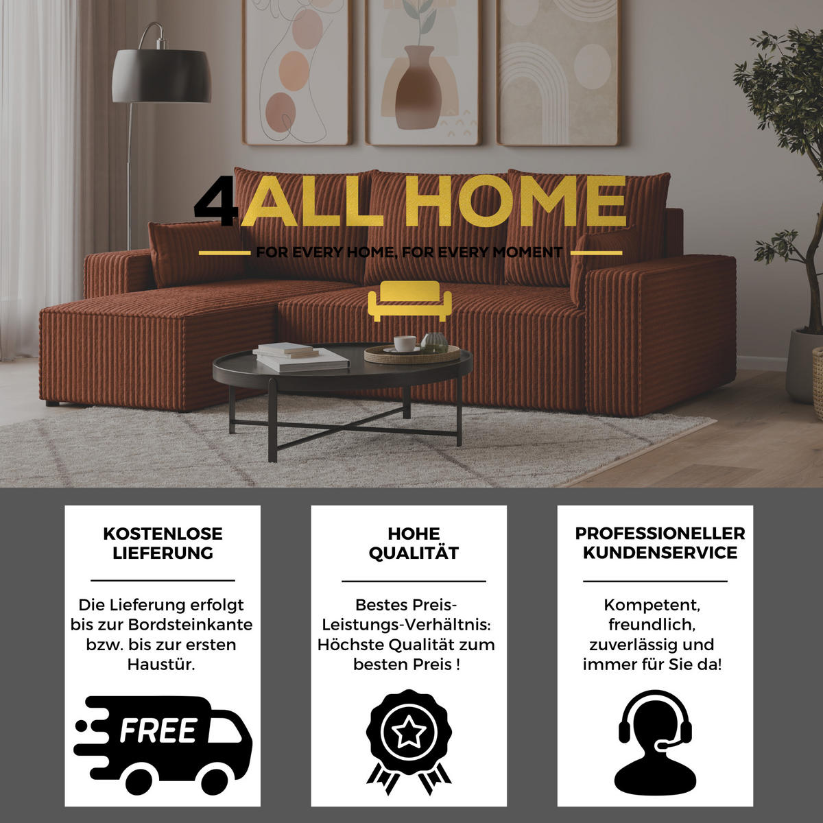 ECKSOFA Tobi mit Bettkasten und Schlaffunktion, L-Form, Cordstoff, Universal - Rostfarben, Holzwerkstoff (246/145cm) - 4ALL HOME