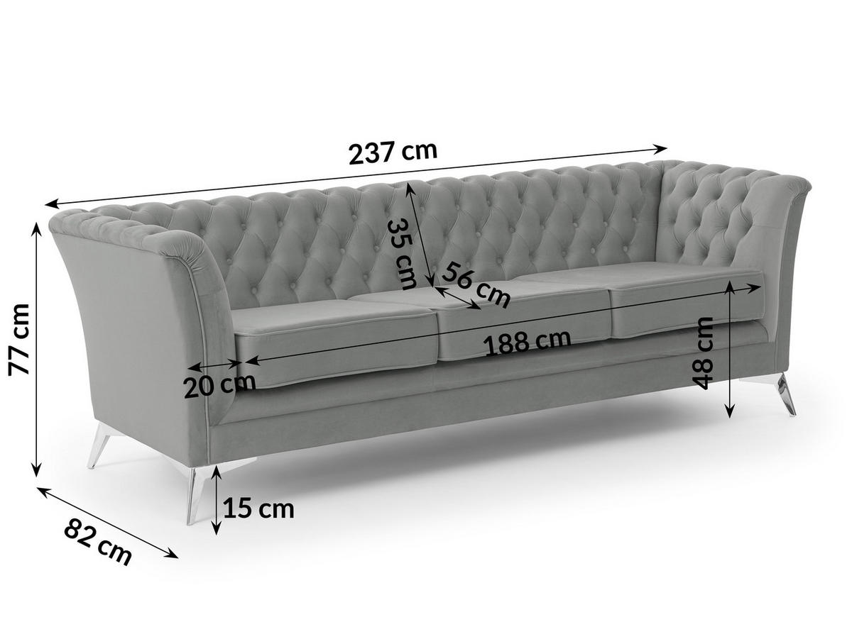 SITZGARNITUR 3+2 Chesterfield Whitby Grau Samt mit silbernen Füßen - Silberfarben/Grau, Holz/Textil (237/78/82cm) - S-Style Möbel