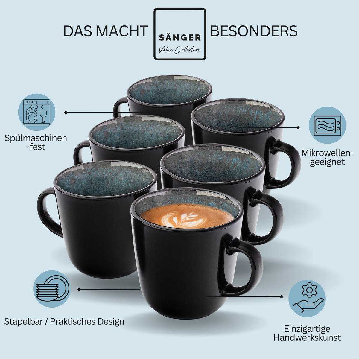 KAFFEEBECHER SET MANILA - 6 teilig aus Steingut - Blau, Stein (0.4L) - Sänger