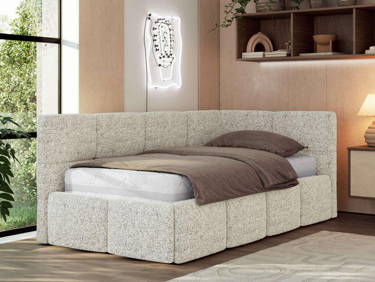 JUGENDBETT ARVO 90/200 - Beige Strukture - Foam-Matratze - Rechts Seite - Beige, Textil (90/200cm) - MKS