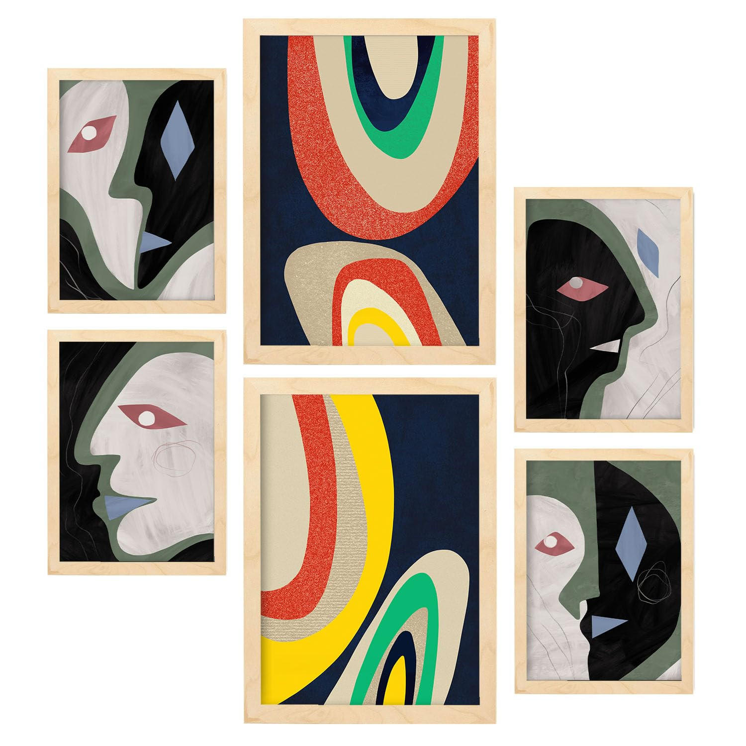 POSTER Set Mit 6 Kontrastische Künste In Liebhaber Abstrakt A3 & A4 Rahmen Aus Hellem Holz - Beige, Papier (29/3cm) - Nacnic