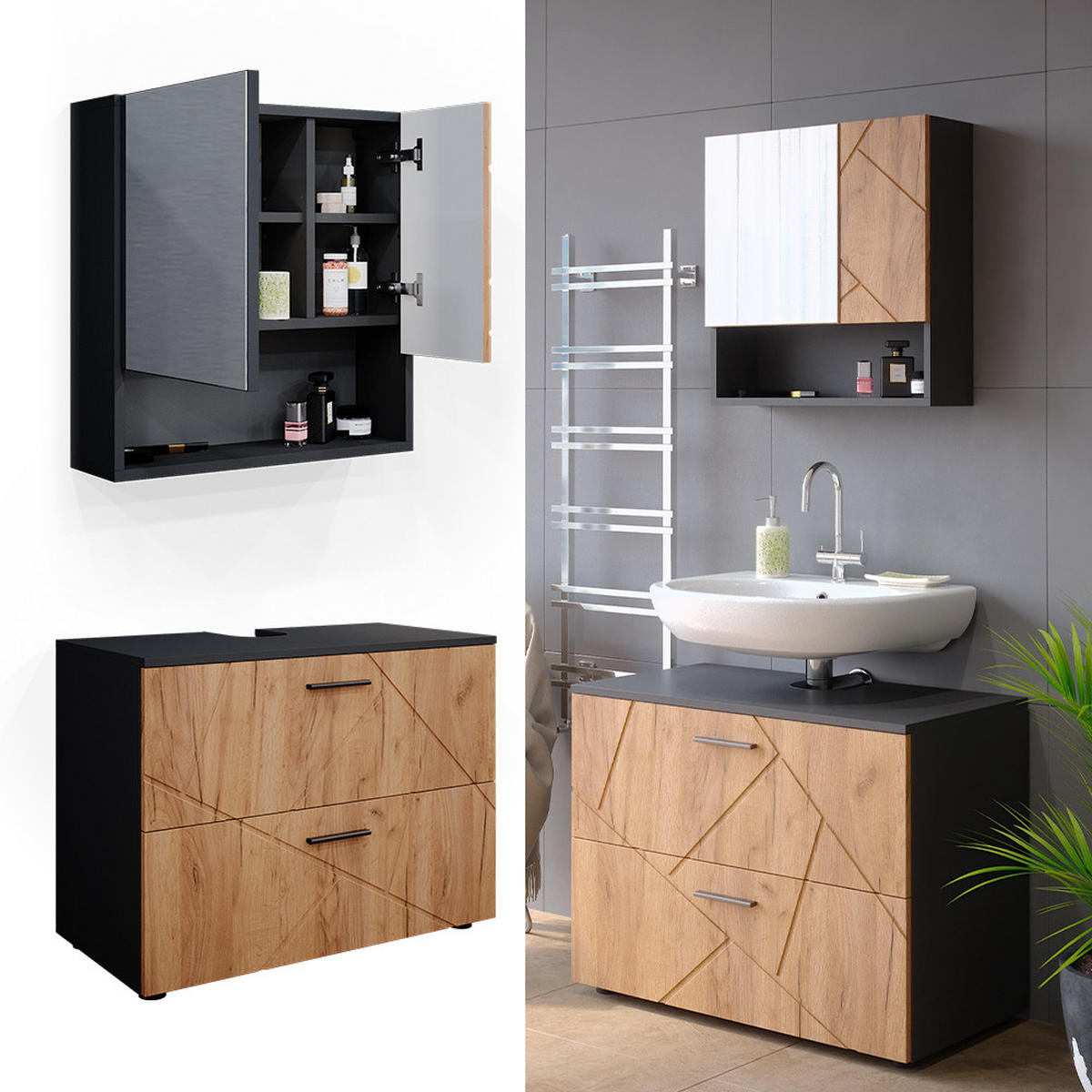 BADMÖBEL-SET Irma Goldkraft Eiche/Anthrazit 2 Teile - Honigeiche/Anthrazit, Holzwerkstoff (80/58.6/41cm) - Vicco