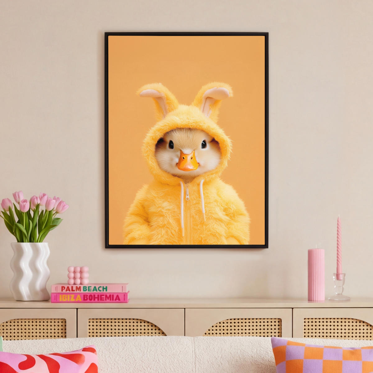 LEINWAND Bilder mit Rahmen - Osterhase - Kostüm - Ente - 70x100 - Gelb, Textil (70/100cm) - MuchoWow