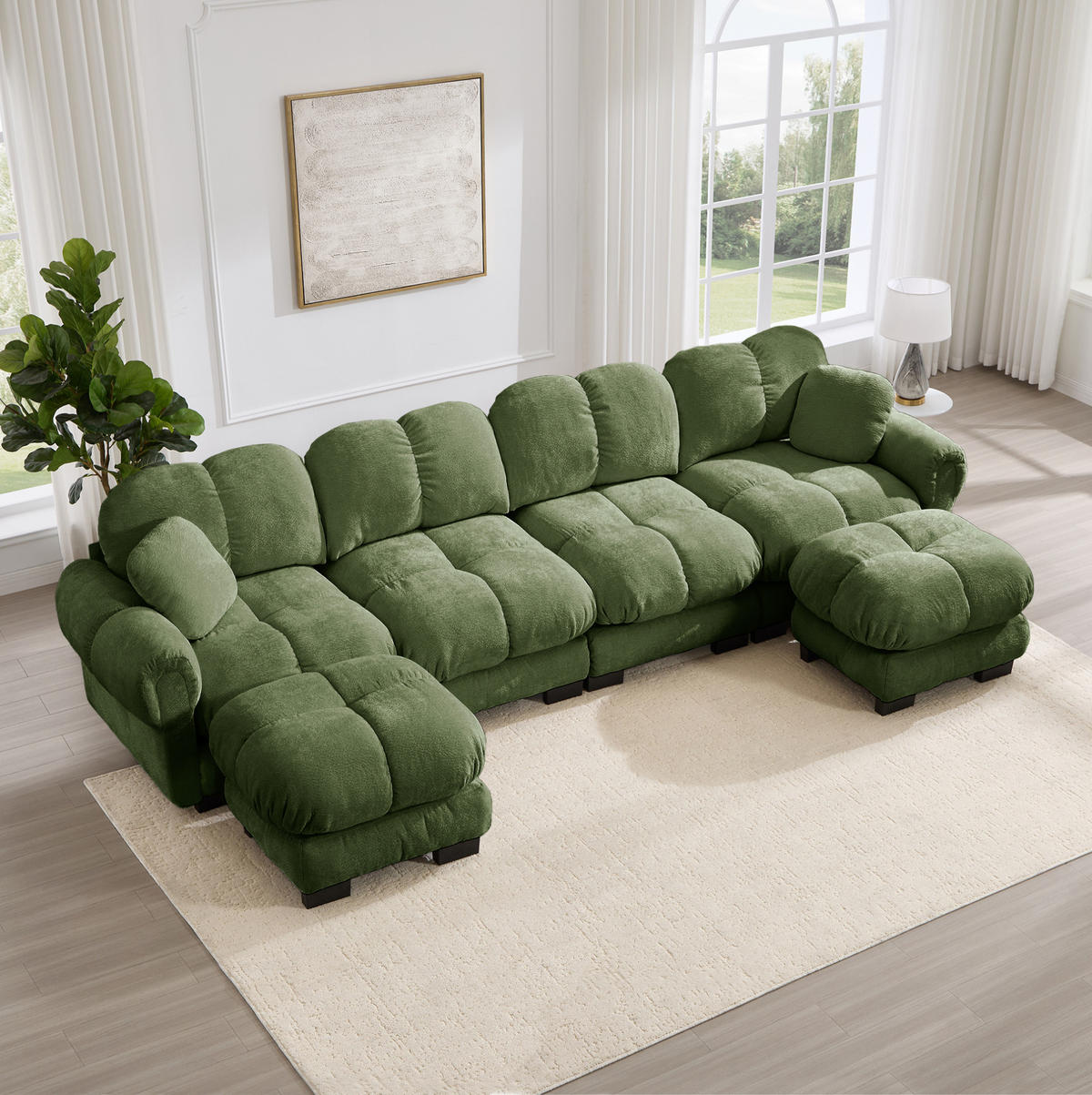 SOFA in U-Form mit 2 mobilen Hockern Chenille Grün - Grün, Holz (149/90/330.1cm) - Meubliv