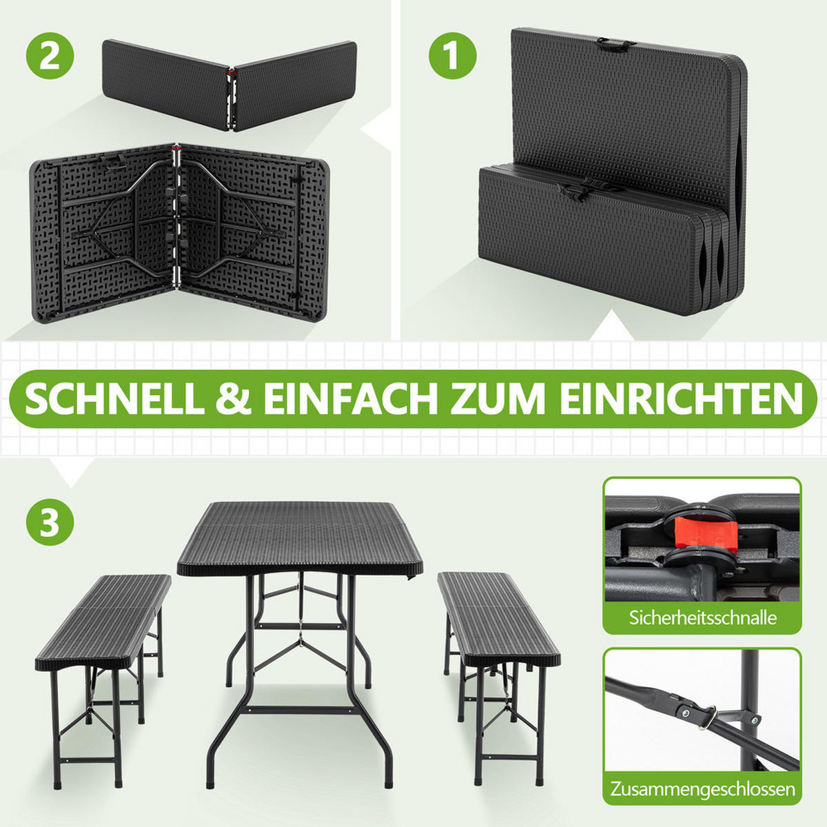 CAMPINGTISCH Set Picknicktisch mit Bänken faltbar wetterfest für Gartenparty - Schwarz, Kunststoff - Raelunyi
