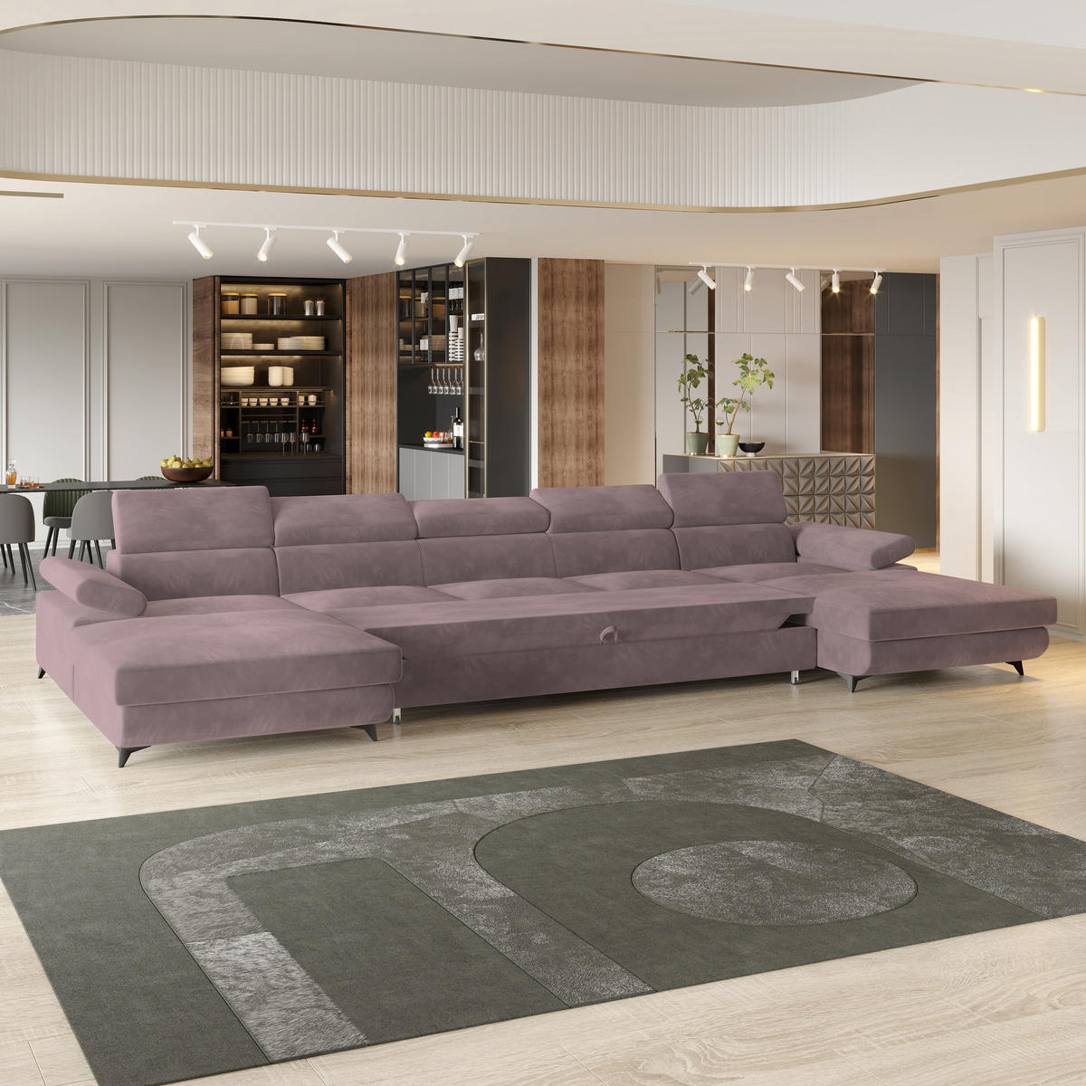 WOHNLANDSCHAFT VIVENTE Lila Velours-Stoff mit Schlaffunktion - Lila, Holz (410/89/190cm) - MASSENO