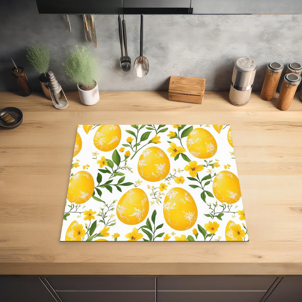 HERDABDECKPLATTE Blumen - Ostereier - Gelb Abdeckung Ceranfeld 59x51 cm - Gelb, Kunststoff (59/51/0.2cm) - MuchoWow