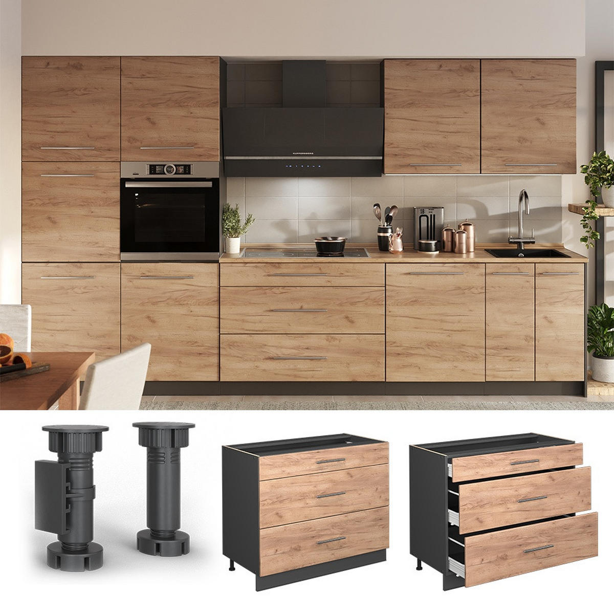 KÜCHENUNTERSCHRANK Fame-Line, Goldkraft Eiche/Anthrazit, 100 cm, AP Anthrazit - Honigeiche/Anthrazit, Holzwerkstoff (100/82/60cm) - Vicco