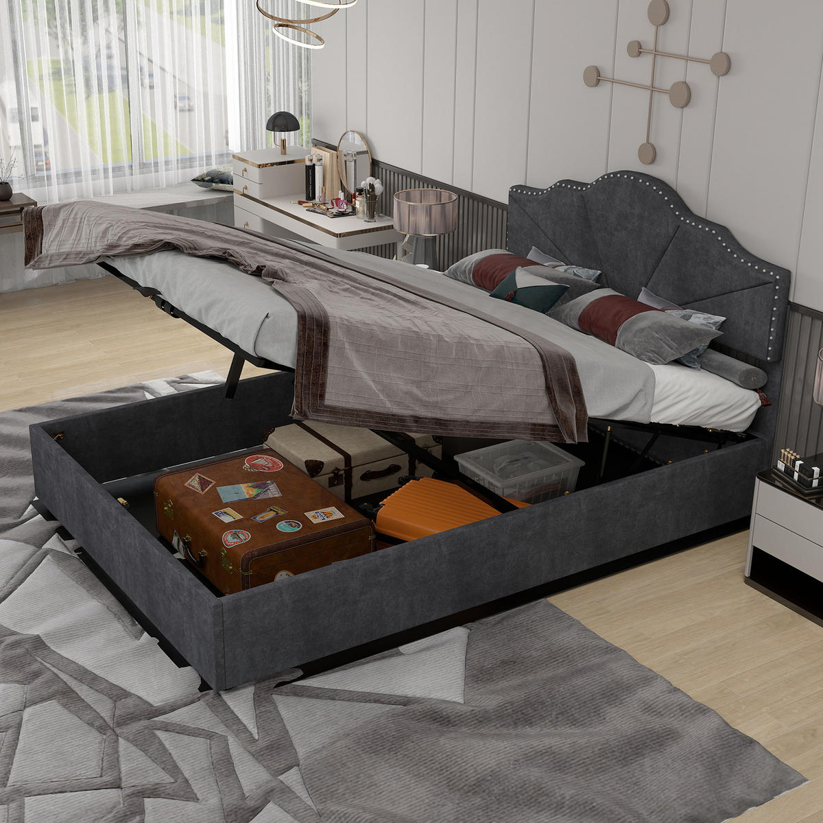 POLSTERBETT 140x200 cm Stauraum hydraulisch grau - Grau, Textil (140/200cm) - LEBENLANG