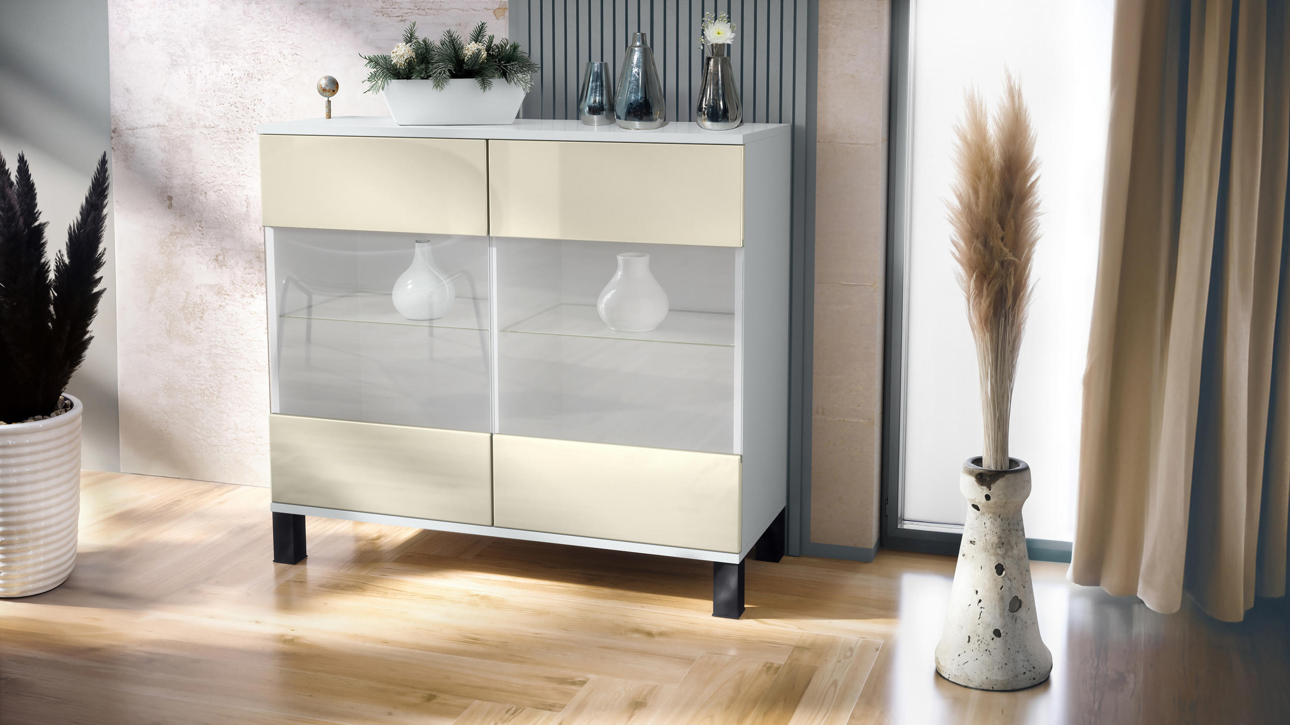 KOMMODE Bari Creme Hochglanz - Creme, Holzwerkstoff (92.5/84.5/35cm) - Vladon