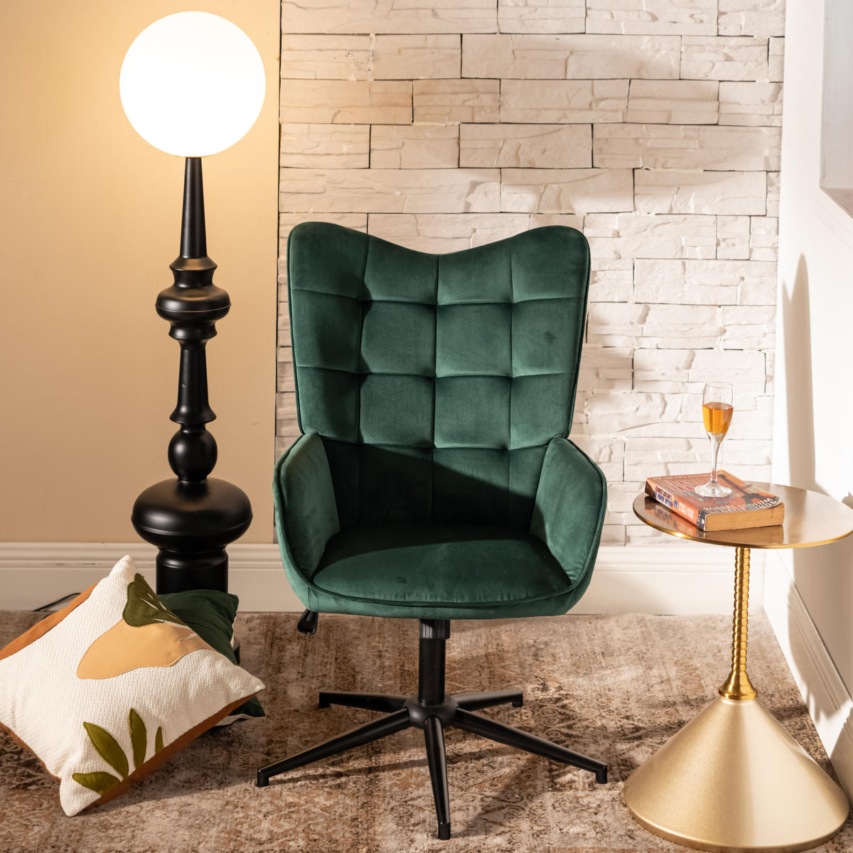 SESSEL höhenverstellbar, Grün Samt - Dunkelgrün/Schwarz, Holz/Textil (70/107/68cm) - Urban Meuble
