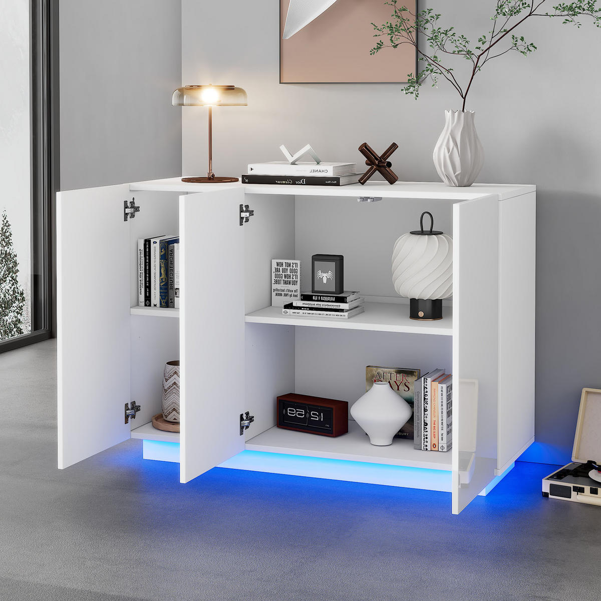 SIDEBOARD Hochglanz Weiß LED 16 Farben verstellbare Böden Anti-Kipp Spanplatte modern Wohnzimmer - Weiß, Holzwerkstoff (120/75/40cm) - EVRYAE