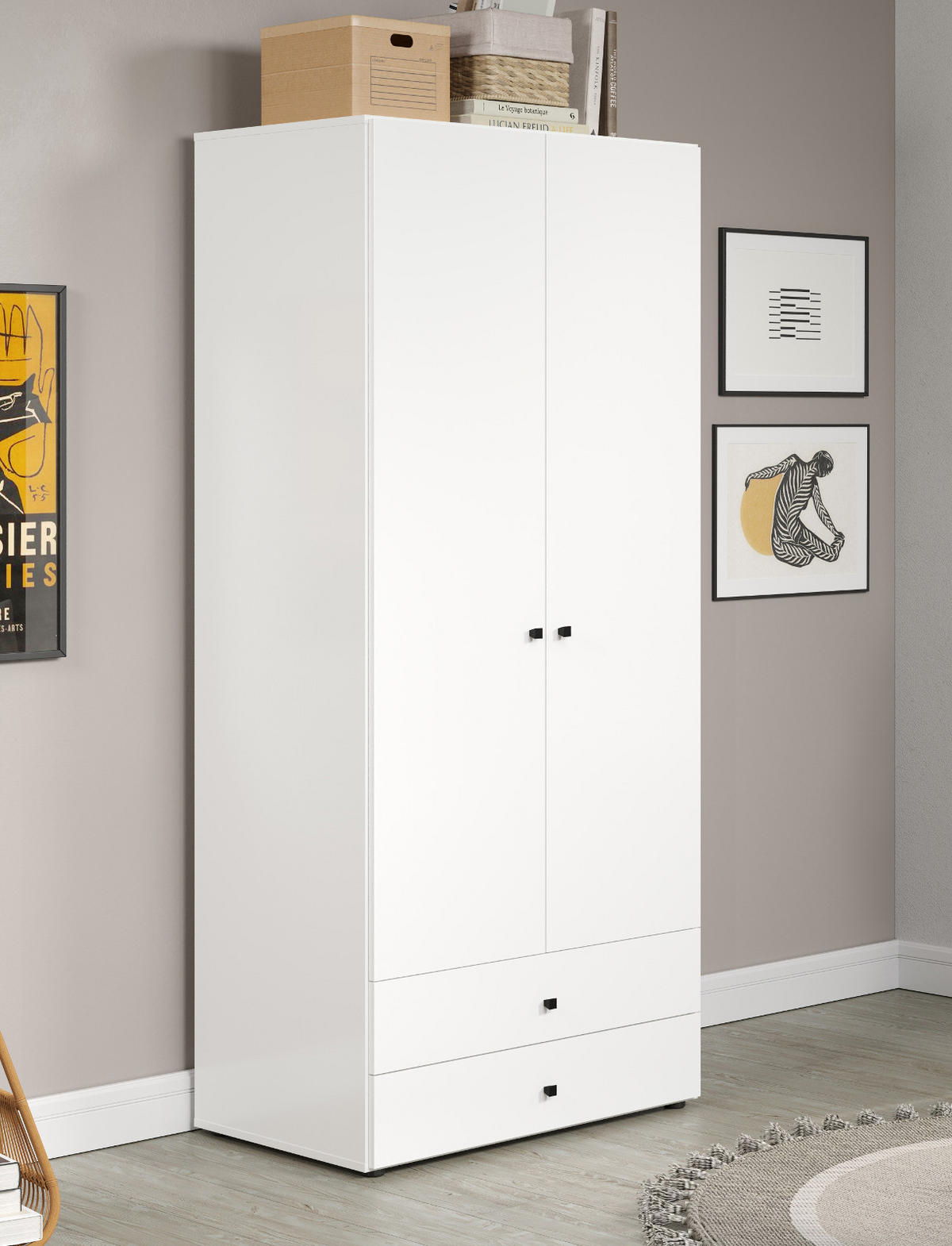 KLEIDERSCHRANK weiß 81 x 176 cm, Drehtürenschrank 2-türig mit Schubalden - Schwarz/Weiß, Holzwerkstoff/Kunststoff (81/176/51cm) - Top.Furn