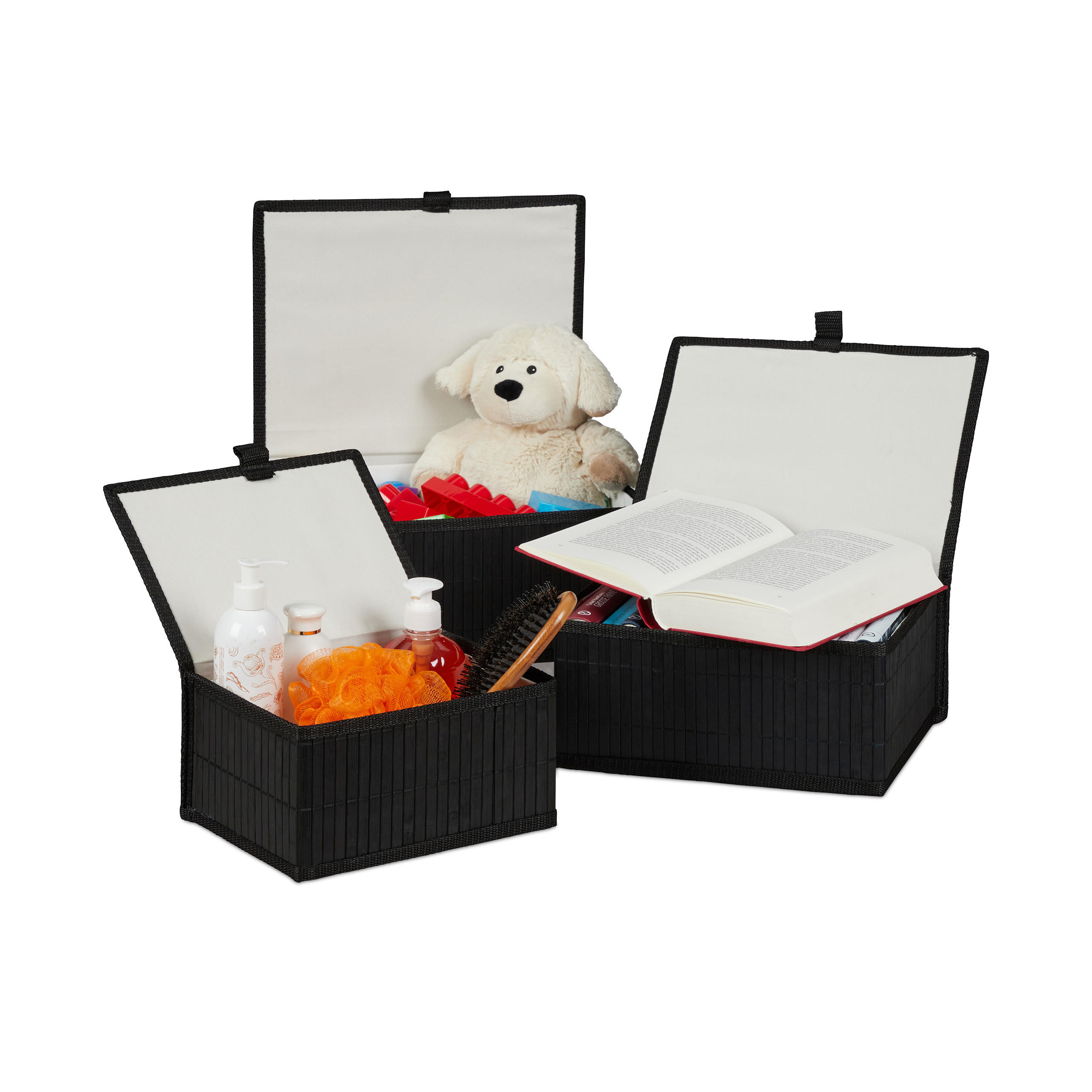 3-TLG.AUFBEWAHRUNGSKORB - Schwarz, Holz/Textil (33/15/25.5cm) - Relaxdays