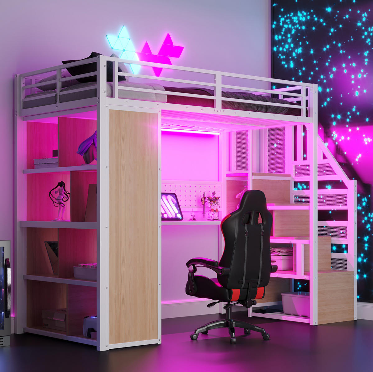 HOCHBETT 90/200 cm aus Metall und werkstoff mit Schreibtisch, Stauraumtreppe, Kleiderschrank und LED, Weiß - Weiß, Metall (90/200cm) - Redom